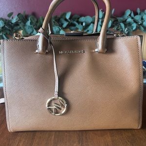 MICHAEL Michael Kors Tan Saffiano Leather Satchel with Gold Hardware